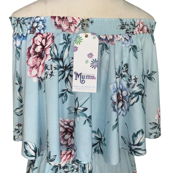 Show Me Your Mumu NWT Casita Mini Dress Wildflower Breeze Off Shoulder M Blue - Picture 9 of 14